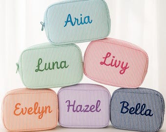 Custom Embroidered Seersucker Makeup Bag, Personalized Travel Pouch