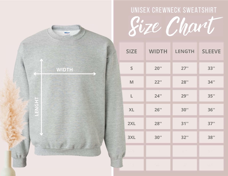 K&ouml;nnte beinhalten: Gr&ouml;&szlig;entabelle f&uuml;r einen Unisex-Sweatshirt mit Rundhalsausschnitt. Die Tabelle zeigt die Breite, L&auml;nge und &Auml;rmell&auml;nge in Zoll f&uuml;r die Gr&ouml;&szlig;en S, M, L, XL, 2XL und 3XL.