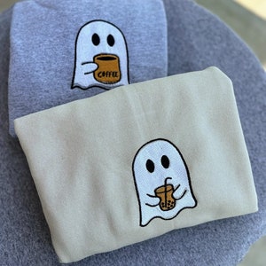 Embroidered Ghost Coffee Sweatshirt, Halloween Fall Crewneck