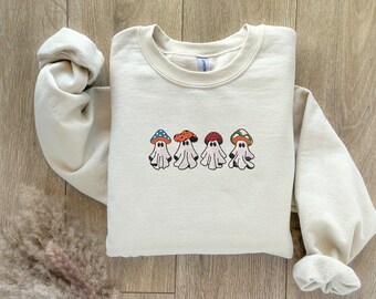 Embroidered Ghost Sweatshirt, Mushroom Hat, Spooky Halloween