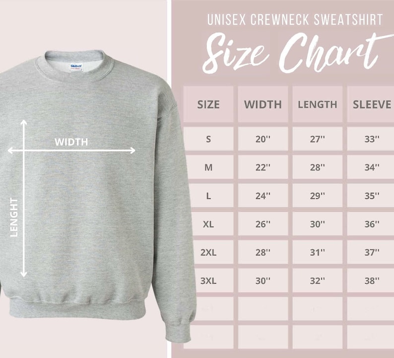 May include: Size chart for a unisex crewneck sweatshirt. The chart shows the width, length, and sleeve length in inches for sizes S, M, L, XL, 2XL, and 3XL.