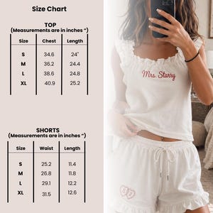 May include: White pajama set with ruffled trim, featuring a tank top embroidered with "Mrs. Starry" and matching shorts. The shorts have embroidered hearts with initials. Size chart in inches is included.
