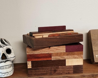 Unique hardwood box with a variety of woods, purple heart walnut padauk maple cherry one of a kind leather bottom present anniversary gift