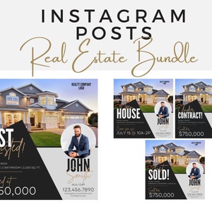 4-Pack | Real Estate Instagram Post Bundle | Just Listed | Open House | Under Contract | Just Sold | Canva Template
