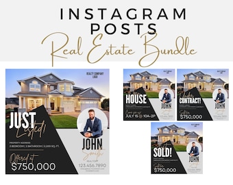 4-pack | Paket med Instagram-inlägg för fastigheter | Nyss listad | Öppet hus | Under kontrakt | Nyss såld | Canva-mall