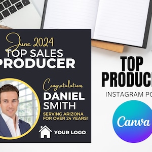 May include: A black and yellow graphic announcing Daniel Smith as the top sales producer for June 2024. The graphic features a headshot of Daniel Smith, the text "Congratulations Daniel Smith", and the text "Serving Arizona for over 24 years!" The graphic also includes a house icon and the text "Your Logo".