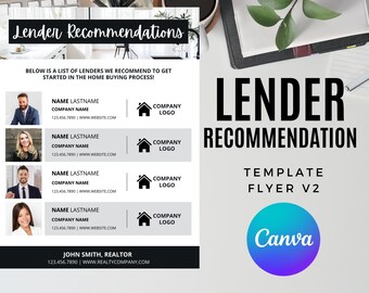 8.5x11 / Folleto de recomendación de prestamistas V2 / Plantilla Canva / Plantilla de marketing inmobiliario