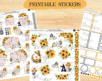 Puede incluir: Pegatinas imprimibles con girasoles, calabazas y animales de granja. Las pegatinas incluyen elementos decorativos, cuadros de planificación y bordes. El texto "Printable Stickers" está en la parte superior. El texto inferior dice "Files Included: PNG JPG PDF CRICUT SILHOUETTER".