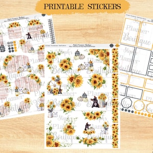 Autumn Farmhouse Sunflowers, Watercolor Printable Planner Stickers, Digital Planner Stickers, Floral Planner Stickers, Printable Stickers,