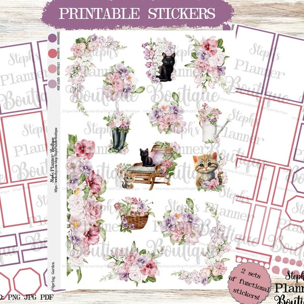 Spring Garden, Watercolor Printable Planner Stickers, Cats, Planner Sticker Kit, Floral Planner Stickers, Printable Stickers, Cricut Ready,