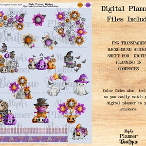 May include: A digital sticker sheet with a Halloween theme. The sheet includes images of pumpkins, ghosts, bats, cats, flowers, and a scarecrow. The stickers are designed for use in digital planners and Goodnotes.