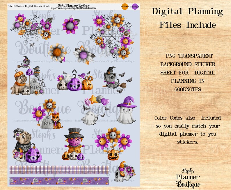 May include: A digital sticker sheet with a Halloween theme. The sheet includes images of pumpkins, ghosts, bats, cats, flowers, and a scarecrow. The stickers are designed for use in digital planners and Goodnotes.