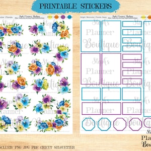 Bright Watercolor Florals, Printable and Digital Floral Stickers, Flower Planner Stickers, Printable Planner Stickers, Watercolor Botanicals