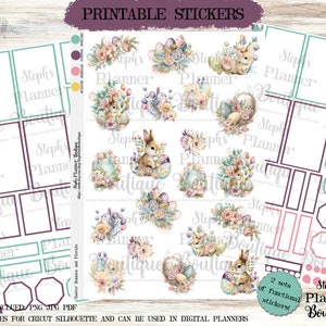 Easter Bunnies and Floral Printable Planner Sticker Kit, Easter Stickers, Planner Stickers, Floral Planner Sticker, Cricut Planner Stickers,