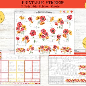 Poppy,  Poppies, Watercolor Floral Printable Planner Stickers, Botanical Planner Stickers,  Printable Planner Sticker Kit,  Cricut, PNG,