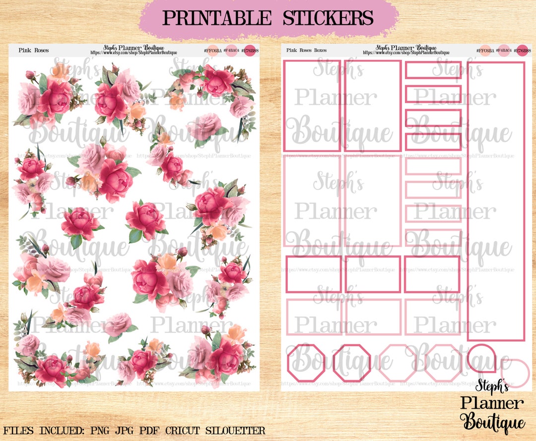 Pink Roses Planner Stickers: Floral Printable Stickers (PDF, PNG, JPEG ...