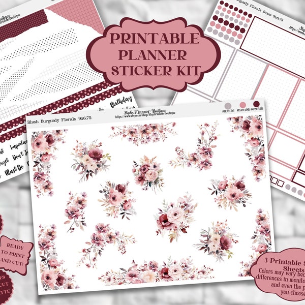 Blush Burgundy Florals, Fall Printable Planner Sticker Kit, Autumn Planner Stickers, Flower Planner Stickers, Printable Planner Sticker,