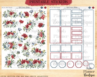 4th of July Floral Planner Stickers: Patriotic Red, White, and Blue (Printable or Digital)