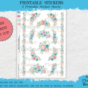 Blue Coral Blossoms, Watercolor Floral Printable Planner Stickers, Flower Planner Stickers,  Printable Planner Sticker Kit, Cricut, PNG,,