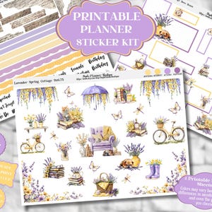 May include: Printable planner sticker kit with a lavender and yellow cottage theme. The stickers feature a variety of images, including a cat reading a book, a bicycle with a basket of flowers, a teapot, a book stack, a couch, an umbrella, and a basket of flowers. The stickers are ready to print and cut.