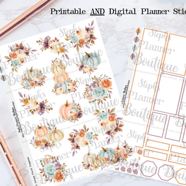 Pastel Autumn Floral Pumpkins, Fall Printable Planner Sticker, Digital Planner Stickers, Floral Planner Stickers, Printable Planner Sticker,