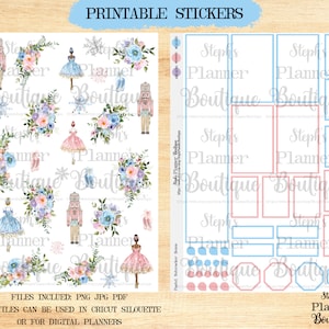 May include: Printable stickers featuring a Nutcracker theme with ballerinas, flowers, and snowflakes. The stickers are in pink, blue, and white. The image also includes a sheet of planner boxes and dots in pink and blue.