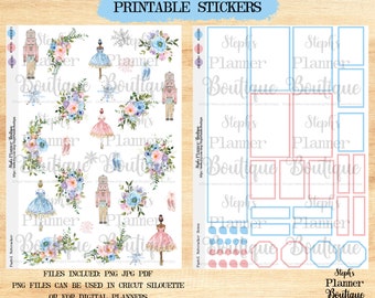 Peut inclure: Autocollants imprimables sur le thème du Casse-Noisette avec des ballerines, des fleurs et des flocons de neige. Les autocollants sont en rose, bleu et blanc. L'image comprend également une feuille de cases de planificateur et de points en rose et bleu.