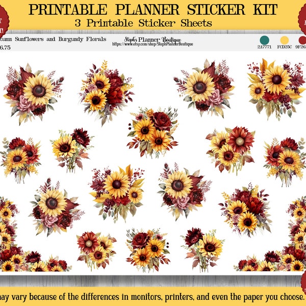 Printable Autumn Sunflowers and Burgundy Florals Planner Stickers, Sunflower, Flowers, Sticker Kit, Printable Planner Sticker, Farmhouse