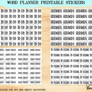Può includere: Adesivi per planner stampabili con le parole "To Do", "Don't Forget", "Errands" e "To Clean" ripetute più volte. Gli adesivi sono progettati per essere utilizzati in un planner o in un diario.