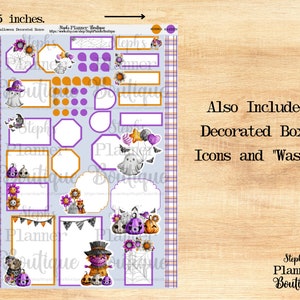 May include: A sheet of Halloween planner stickers with a purple, orange, and white color scheme. The stickers feature ghosts, pumpkins, bats, and other Halloween-themed designs. The sheet measures 6.5 inches by 9 inches.