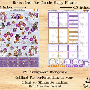 May include: A set of printable Halloween-themed stickers for a classic Happy Planner. The stickers feature a variety of cute illustrations, including pumpkins, ghosts, cats, and bats. The stickers are outlined for easy cutting on a Cricut or Silhouette machine. The stickers are 6.5 inches wide and 9 inches tall.