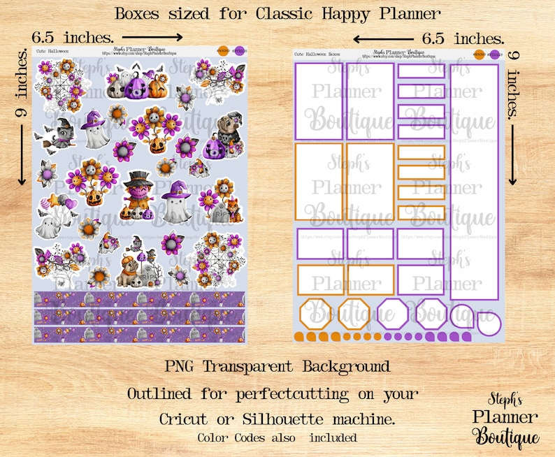 May include: A set of printable Halloween-themed stickers for a classic Happy Planner. The stickers feature a variety of cute illustrations, including pumpkins, ghosts, cats, and bats. The stickers are outlined for easy cutting on a Cricut or Silhouette machine. The stickers are 6.5 inches wide and 9 inches tall.