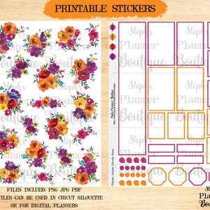 Pode incluir: Adesivos imprimíveis com desenhos florais em aquarela em tons de laranja, roxo e rosa. Os adesivos estão dispostos em uma grade com um fundo branco. O texto "Steph's Planner Boutique" está incluído na imagem.