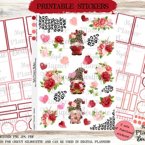 Leopard Valentine Gnomes, Valentine Stickers,  Printable Floral Planner Stickers, Flower Planner Stickers, Printable Planner Sticker Kit,