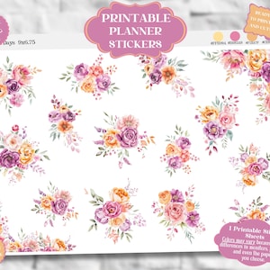 Floral Planner Stickers: Orange, Purple, Pink Flowers (Printable PDF, PNG, JPG)