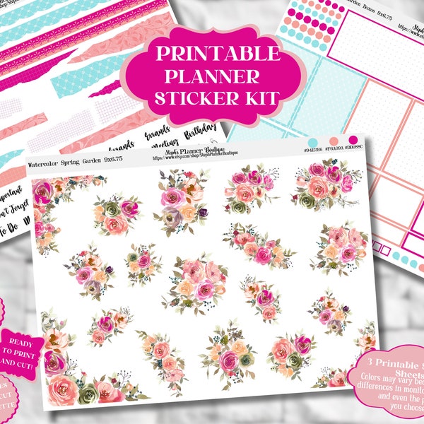 Printable Watercolor Spring Garden Planner Sticker Kit, Florals Washi and Boxes Sticker Kit, 3 Sheets of Springtime Printable Stickers,