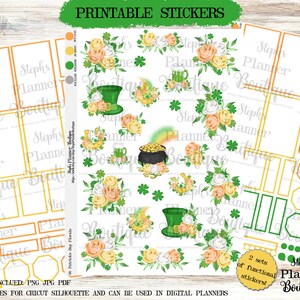 May include: Printable stickers featuring a St. Patrick's Day theme with green shamrocks, gold coins, a pot of gold, a leprechaun's hat, and floral designs. The stickers are designed for use in digital planners.