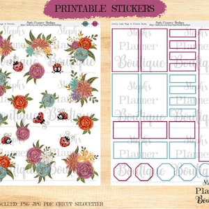 May include: Printable stickers featuring floral designs with ladybugs and gold glitter accents. The stickers also include blank boxes and shapes in burgundy and teal.