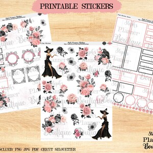 Belles sorcières roses, autocollants de planificateur imprimable Halloween, autocollants de planificateur numérique, autocollants de planificateur floral, autocollants imprimables,
