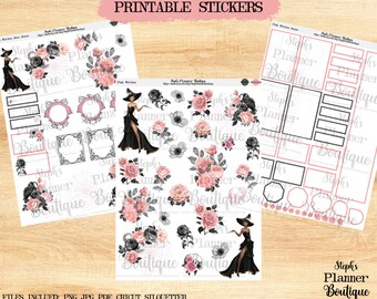 Pink Witches Halloween Planner Stickers: Floral Printable Stickers (Digital Download)