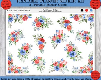 4th of July Floral Planner Stickers: Patriotic Red, White, Blue (Printable Kit)