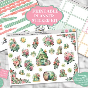 May include: Printable planner sticker kit with a St. Patrick's Day theme. The stickers feature a variety of designs, including shamrocks, leprechauns, and floral arrangements. The stickers are ready to print and cut.