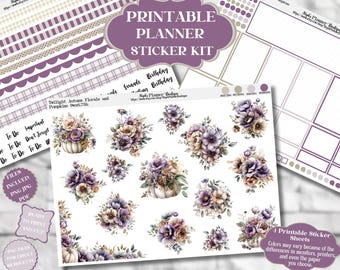 Planificateur d'autocollants Twilight Autumn Florals and Pumpkins (imprimable, kit complet d'autocollants)
