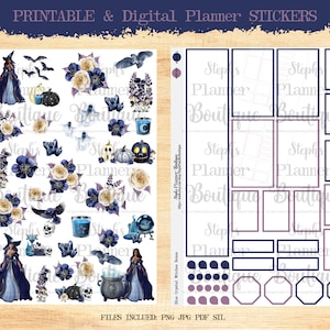 May include: Printable and digital planner stickers featuring a Halloween theme with witches, ravens, skulls, pumpkins, and floral elements. The stickers are in shades of blue, purple, and white.