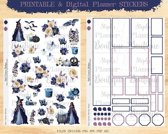 Halloween Witches Planner Stickers: Blue Crystal Floral (Printable & Digital)