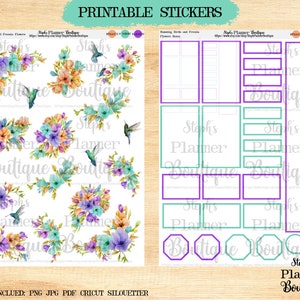 Humming Birds and Freesia Flowers Printable Planner Stickers, Digital Planner, Watercolor Printable Planner Stickers, Printable Stickers,