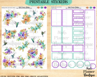 May include: Printable stickers featuring watercolor illustrations of hummingbirds and flowers. The stickers are designed for planners and include various shapes and sizes.