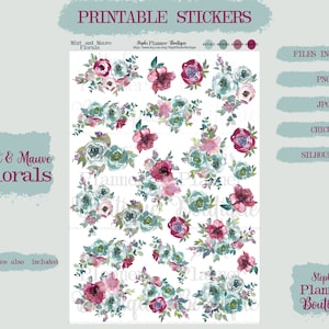 Mint and Mauve Printable Floral Planner Stickers,  Digital Planner Stickers, Cricut and Silhouette Ready, Floral Printable Stickers