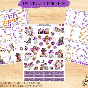 May include: Printable Halloween planner stickers featuring a variety of cute illustrations, including ghosts, pumpkins, and bats. The stickers are in a purple and orange color scheme and are perfect for adding a touch of whimsy to your planner.
