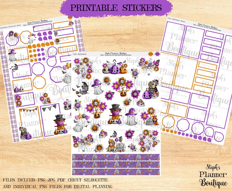 May include: Printable Halloween planner stickers featuring a variety of cute illustrations, including ghosts, pumpkins, and bats. The stickers are in a purple and orange color scheme and are perfect for adding a touch of whimsy to your planner.